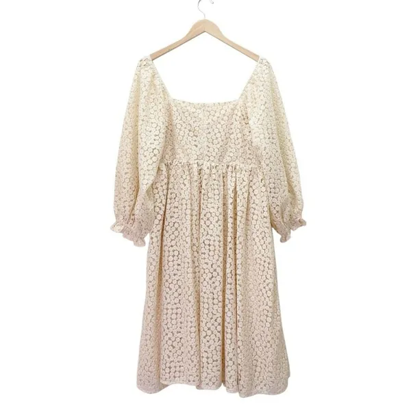 Storia Floral Lace Midi Dress Cream Long Sleeve Square Neck Fit Flare Medium - Image 3