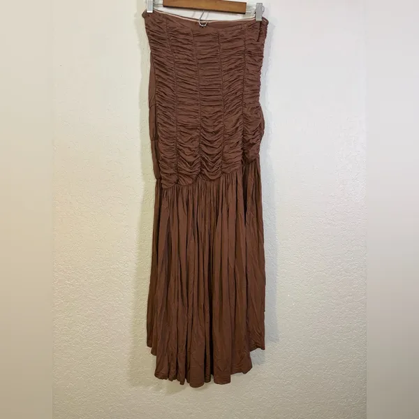 NWT Anthropologie Celandine Strapless Ruched Asymmetrical-Hem Dress Brown Size M - Image 8