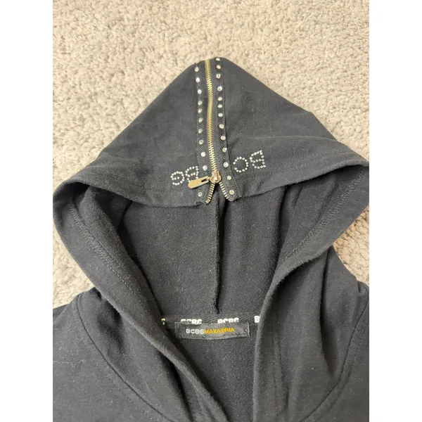 BCBG Max Azria Black Rhinestone Tracksuit Set Hoodie Flare Pants Y2K Women L - Image 3