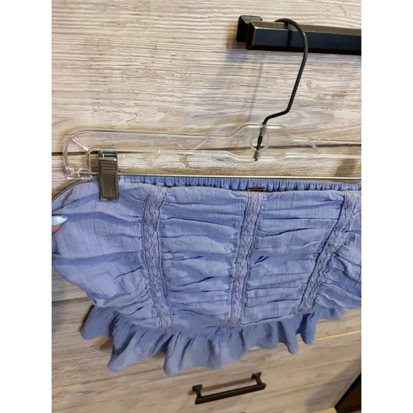 Free People Ruched Peplum Tube Top Periwinkle Blue Smocked Strapless Lace Trim M - Image 5