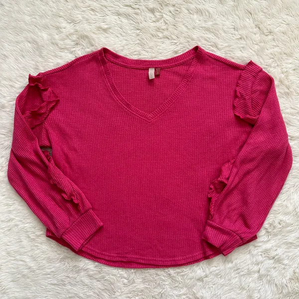 Anthropologie Pilcro Top Ruffled V-Neck Shirt Waffle Knit Raspberry Pink L - Image 5