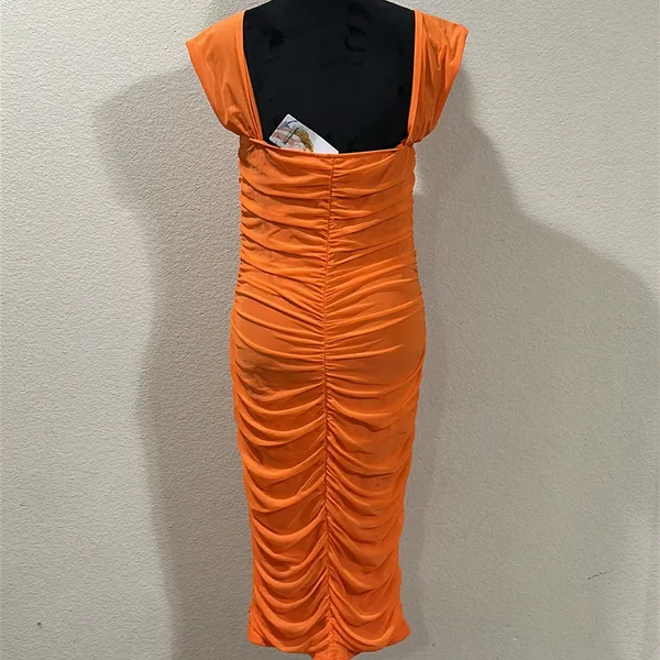 Orange Ruched Draped Dress Size L - Image 3