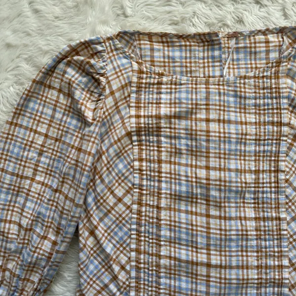 Free People Top Button Back Puff Sleeve Plaid Tan Blue S - Image 5