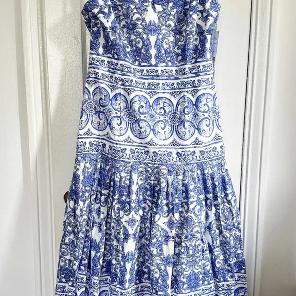 NWT Blue & White Majolica Drop Waist Sleeveless Dress Sz 10 - Image 4
