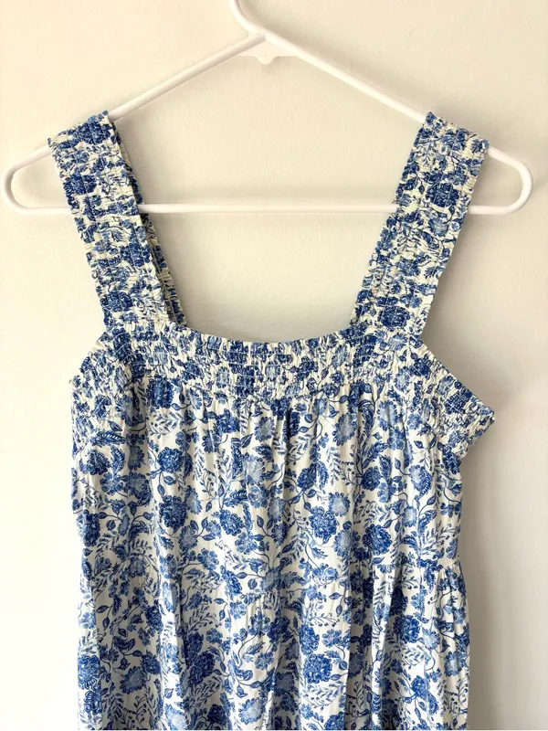 Old Navy Blue White Floral Sleeveless Midi Dress Square Neck Vacation Costal - Image 2
