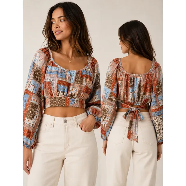 Altar'd State Floral Patchwork Crop Top Long Balloon Sleeve Boho Rust Blue Large - Image 2