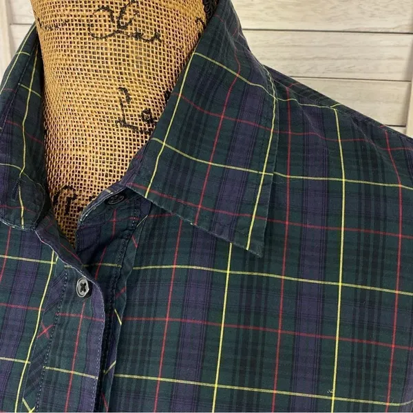 Tommy Hilfiger Plaid Ruffle Cuff Trim Button Front‎ Shirt Green Navy Medium - Image 5