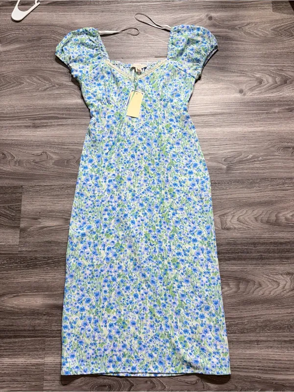 Monteau Blue & Green Floral Midi Dress with Puff Sleeves - Image 10