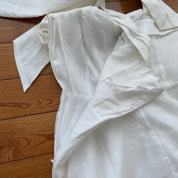 DISSH Aisle White 100% Linen Bow Square Neck Mini Dress - Image 11