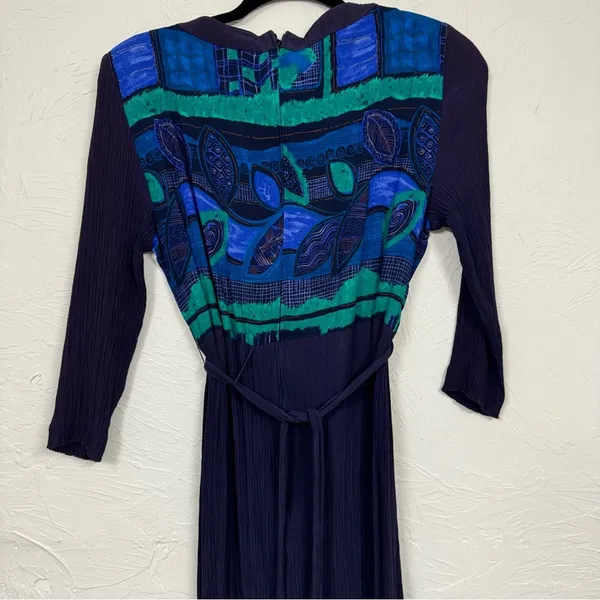 Vintage Blue Crepe Midi Dress Womens 8 80s Embroidered Short Sleeve Green Fall - Image 3