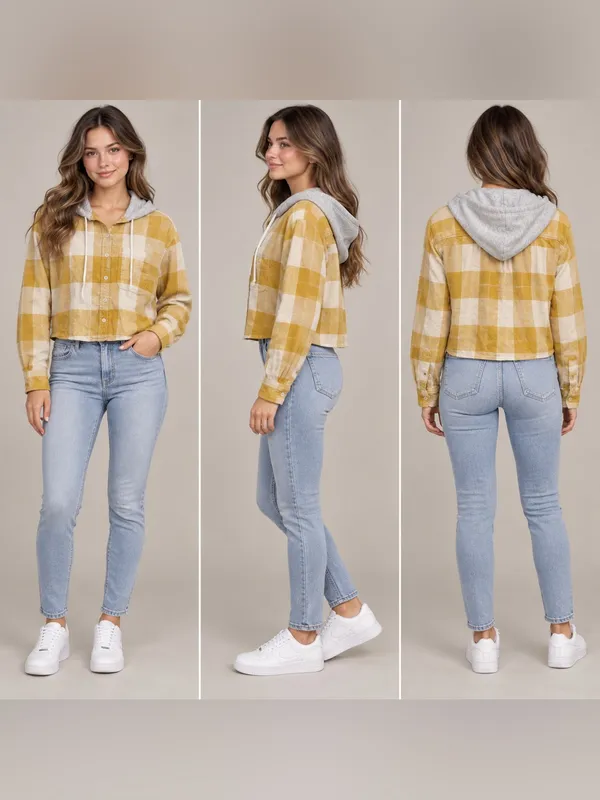 American Eagle Hooded Plaid Flannel Shirt Women Small Mustard Yellow Cropped - Image 2