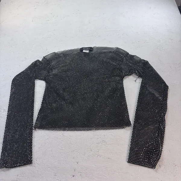 Akira Women's Black Glitter Mesh Metal Rhinestone Long Sleeve S/M Glam Y2K Party - Image 8