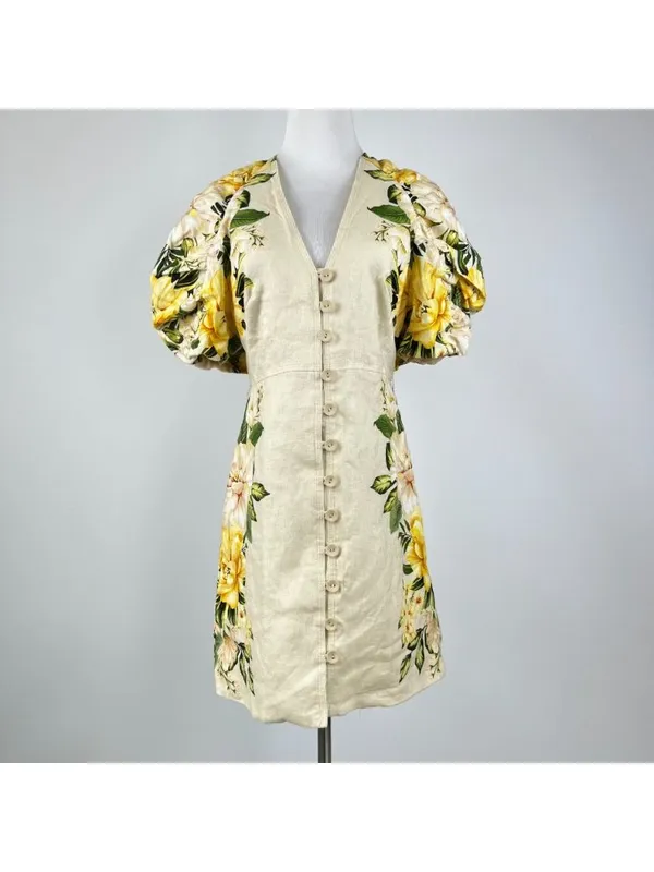 NWOT Farm Rio Linen Sand Garden Cascade Puff Sleeves Mini Dress Size M - Image 3