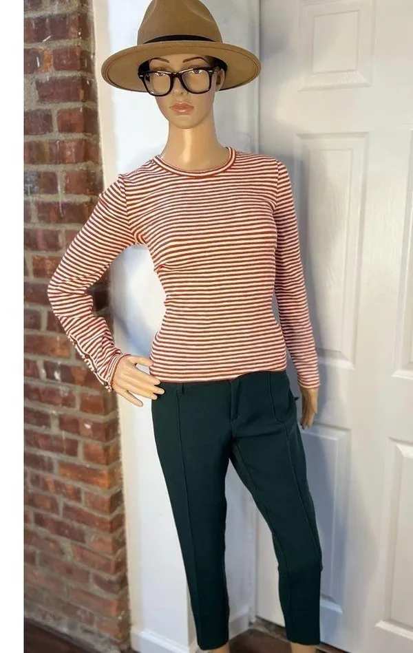 Madewell Crew Neck Button Cuff Orange Maple Stripe T-Shirt Top - Image 3