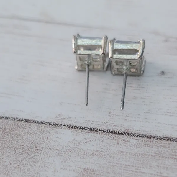 Vintage Stud Earrings Clear Square Gem 3/8" Silver - Image 6