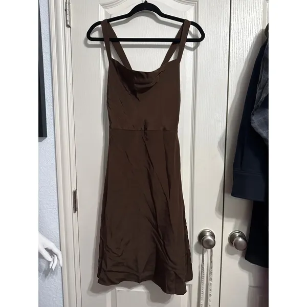 J.Crew‎ Chocolate Brown 100% Silk Crisscross Back Minimalist Dress Fit and Flare - Image 3