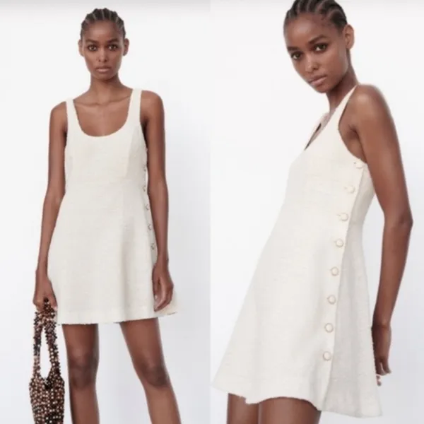 ZARA Womens White Tweed Scoop Neck Button Mini Dress Preppy Structured Chic Sz M - Image 14