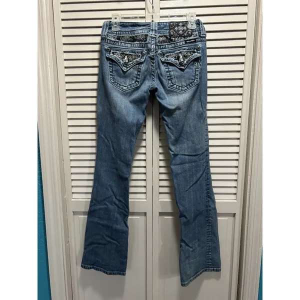 Miss Me Easy Boot Denim Jeans‎ Embroidered/Gems Med Wash Logo Size 26 Low Rise - Image 6