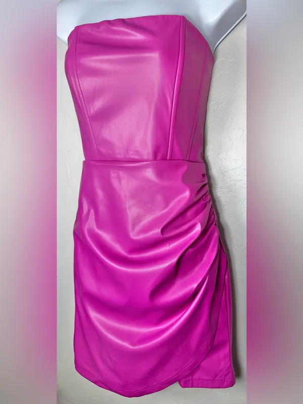 eesome Strapless Faux Leather Mini Dress in Fuchsia Pink Size Medium - Image 4