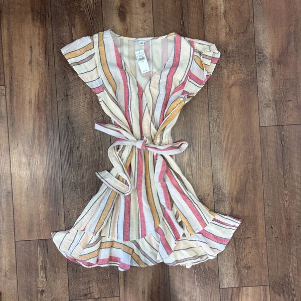 American Eagle Linen Blend Cream Pink Wrap Mini Ruffle Dress Women’s Size M NWT - Image 2