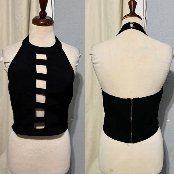 TOP CHIC Y2K Black‎ Cutout Halter Crop Top Zipper Back Gothic Punk Women L Rock - Image 2