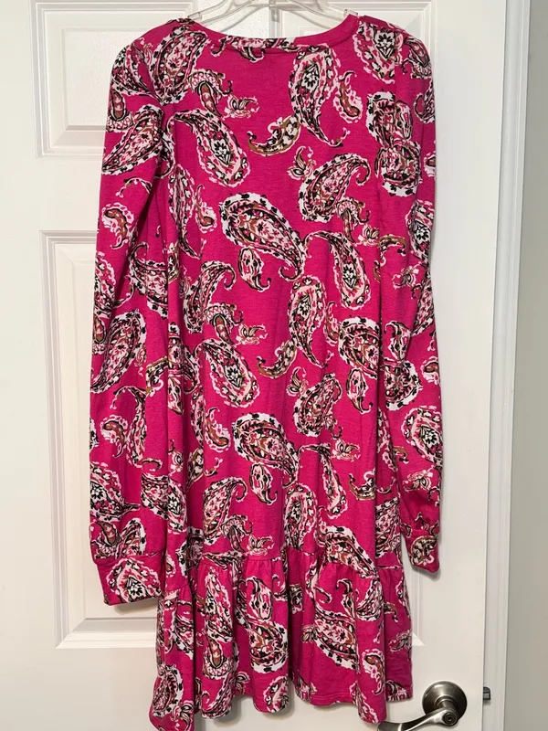 Crown & Ivy Pink Paisley Printed Prairie Ruffle Hem Long Sleeve Mini Dress Sz XL - Image 2