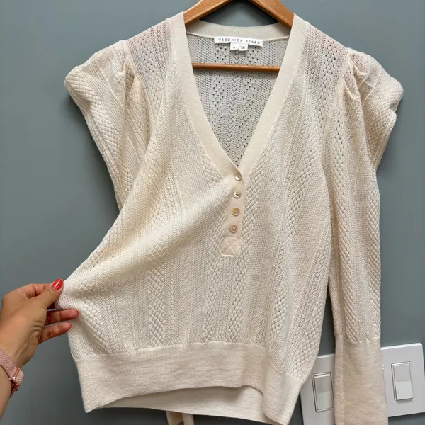 VERONICA BEARD Kirka Henley Pullover Sweater in Ivory M - Image 8