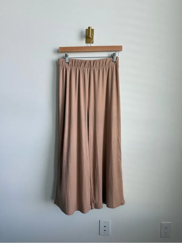 Dressed in Lala Ribbed Wide Leg Pull-On Pants Beige Tan Medium - Image 3
