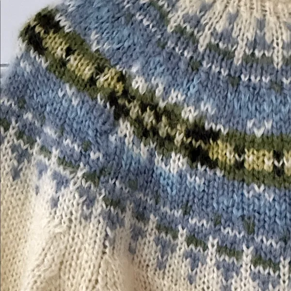 Eddie Bauer Sweater sz M Wool Mohair Blend Hooded Nordic Fair Isle ivory blue - Image 3
