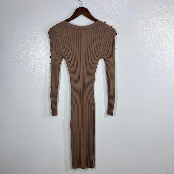 Bebe Ribbed Knit Bodycon Dress Womens XS Sesame Tan Gold‎ Button Shoulder Slit - Image 4