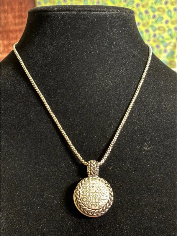 Silver-Tone Pavé Rhinestone Disc Pendant Necklace with Braided Chain - Image 7