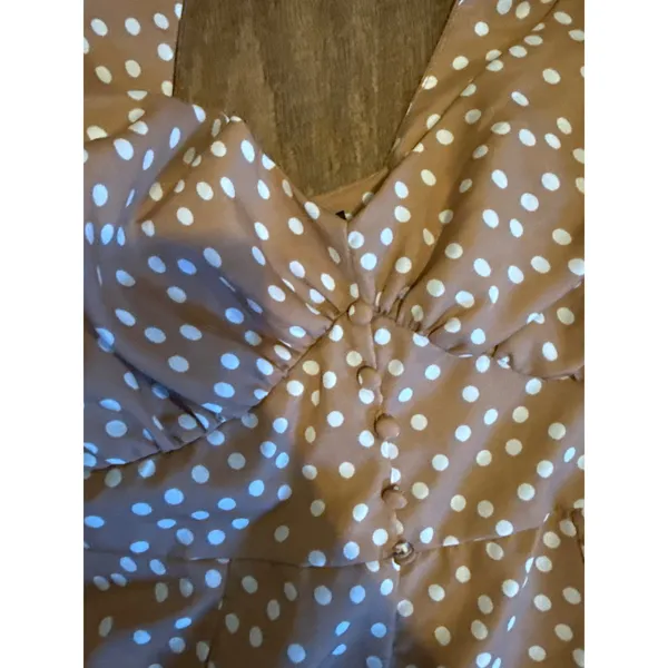 Brown Polka Dot Puff Sleeve Sweetheart Romper Womens Sz 8 cottagecore boho‎ - Image 3