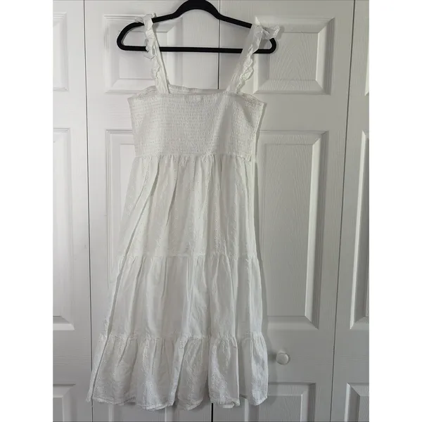 Indulge In Style Eyelet Tiered Midi Dress Womens Size L White Boho Ruffle Cotton - Image 3