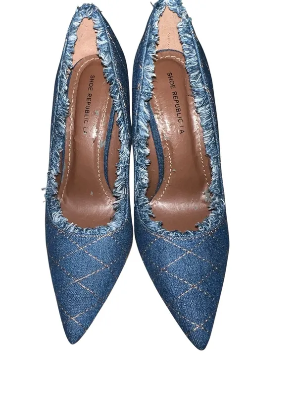 Shoe Republic Blue denim frayed trim high heels . 5” - Image 4