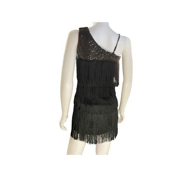 Balera Sequin Fringe One Shoulder Dress‎ Black Sleeveless Flapper Costume - Image 4