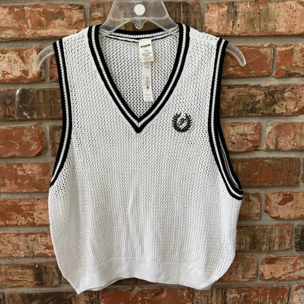 Pink Victoria's Secret White Sweater Vest Size Large NEW Loose Knit Preppy - Image 4