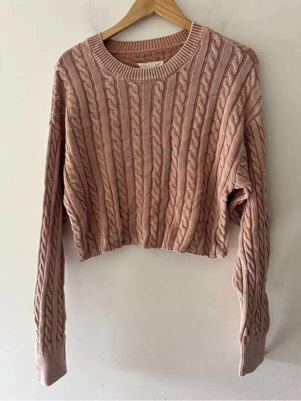 Aerie Washed Brown Cropped Cable Knit Sweater - Image 2