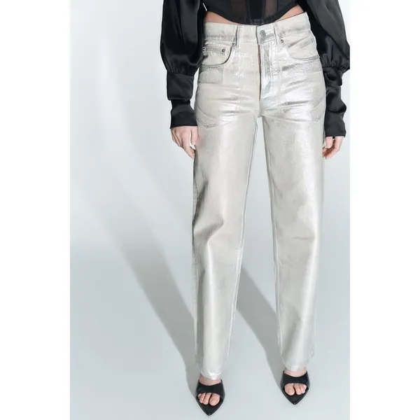 Zara Women Jeans Size 2 Silver The Boy Boy Fit Metallic Straight Leg Denim - Image 9