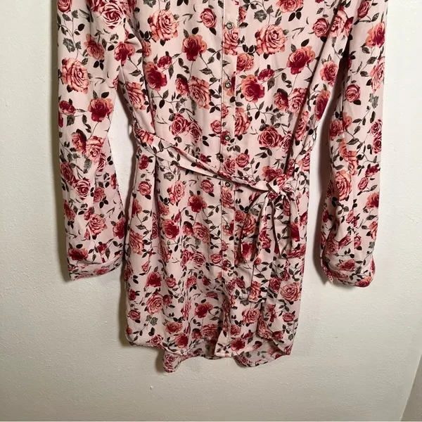 Women's‎ Button Down Shirt Dress Light Pink Rose Floral Belted Long Sleeve Roll - Image 4