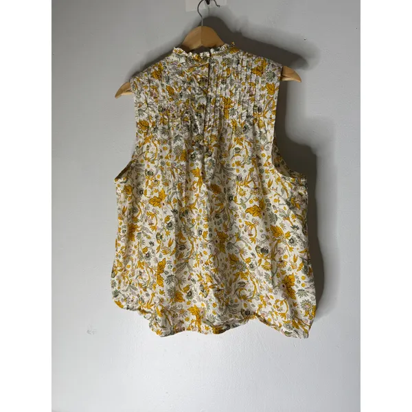 J crew XXL Yellow Floral Pintuck Ruffle Neck Cotton sleeveless Blouse BL078 - Image 2