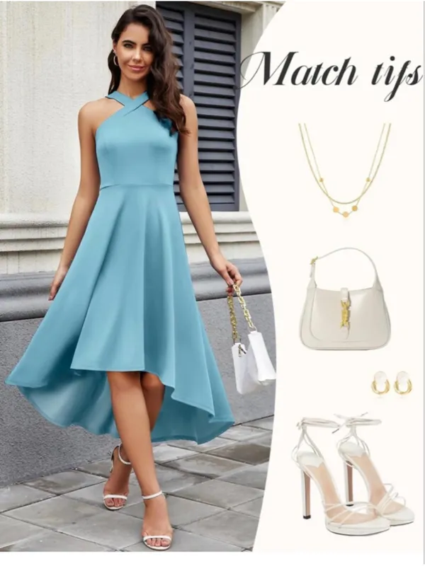 NEW Blue Cocktail Formal Wedding Guest Halter Hi Low Dress XL - Image 8