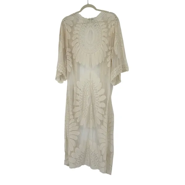 Womens Cream Lace Sheer Long Kimono Cardigan Boho‎ Duster Beachy Size L - Image 2