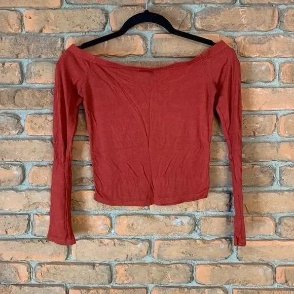 Y2K Ambiance Womens Medium Top Rust Orange Off‎ Shoulder Ribbed Long Sleeve Crop - Image 2