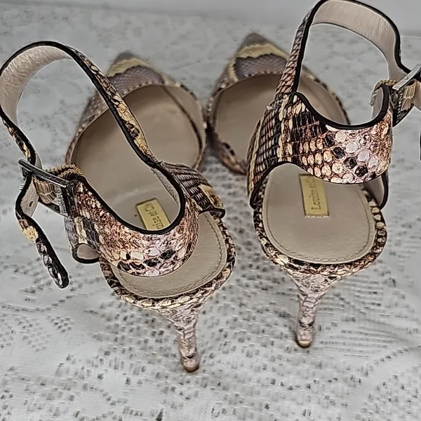 Louise et Cie Koya snakeskin print leather ankle strap point toe heels sz 10 - Image 4