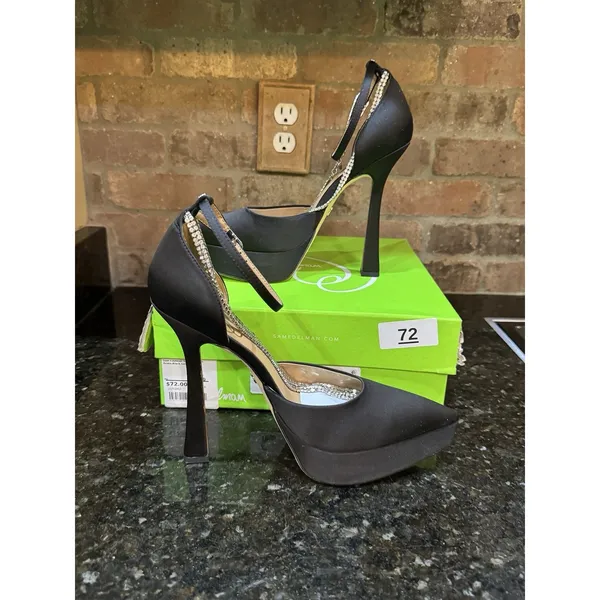Sam Edelman Andie Pumps Black Satin Embellished Platform Heel Size 8.5 - Image 3