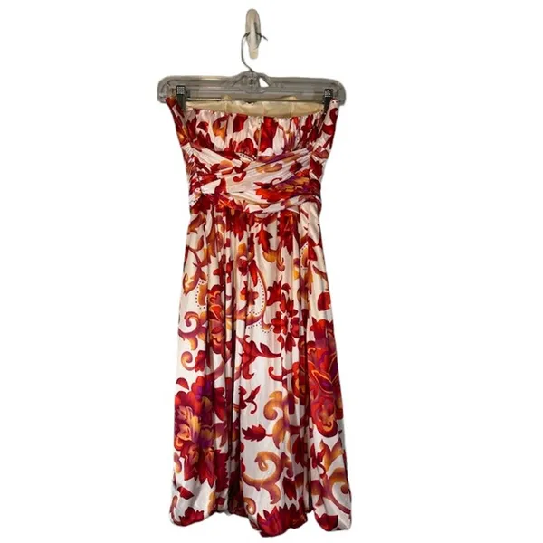 Red & White Strapless Floral Formal Belted Waist Knee Length Dress Women Sz S - Image 2