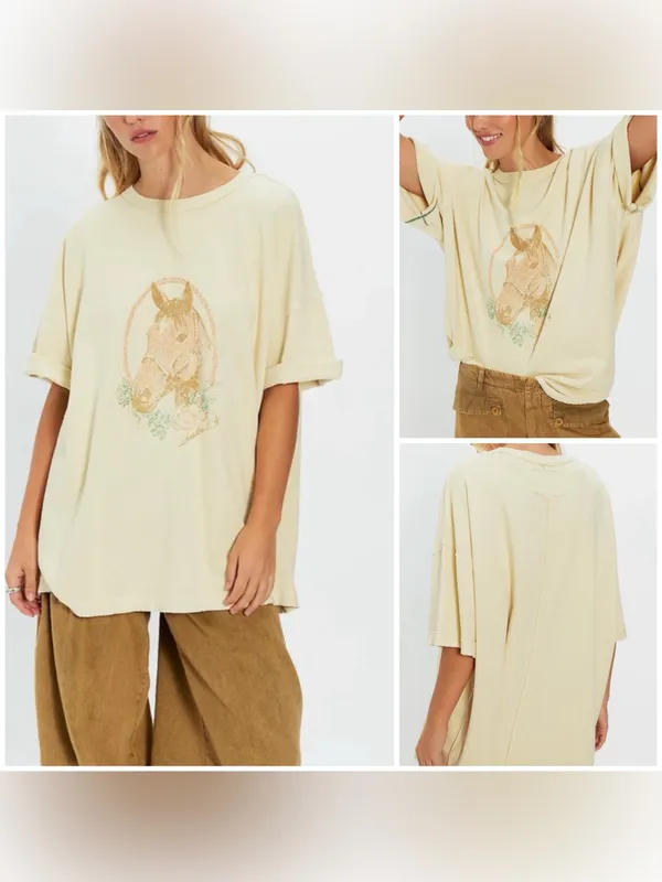 NWT Free People We The Free Farm Friends Tee - horse combo sand - Medium - Image 2