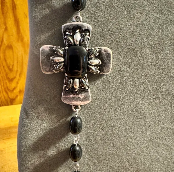 Luxe silver tone, long cross necklace, and earrings - Image 3