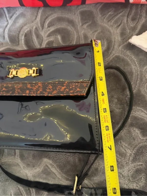 Patent Black Shoulder Bag with Gold Accent - Image 6