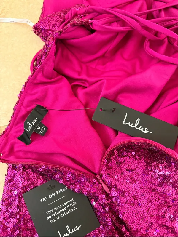 Lulus Magenta Sequin Lace-Up Maxi Dress Size M NWT - Image 11